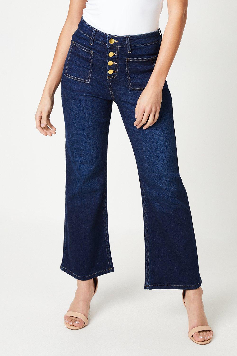 Women’s Petite High Rise Button Detail Patch Pocket Flare Jeans - dark indigo - 10